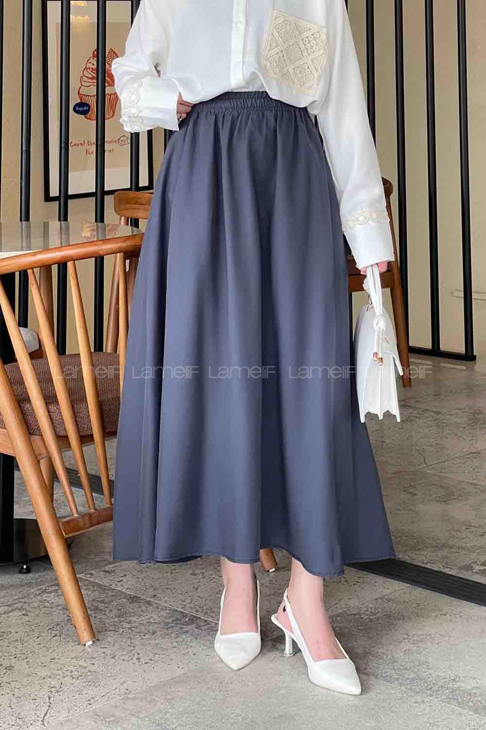 Lamelif Cep Detaylı Tensel Kloş Etek Antrasit