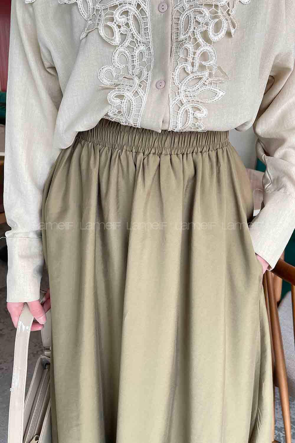 Lamelif Cep Detaylı Tensel Kloş Etek Asker Yeşili