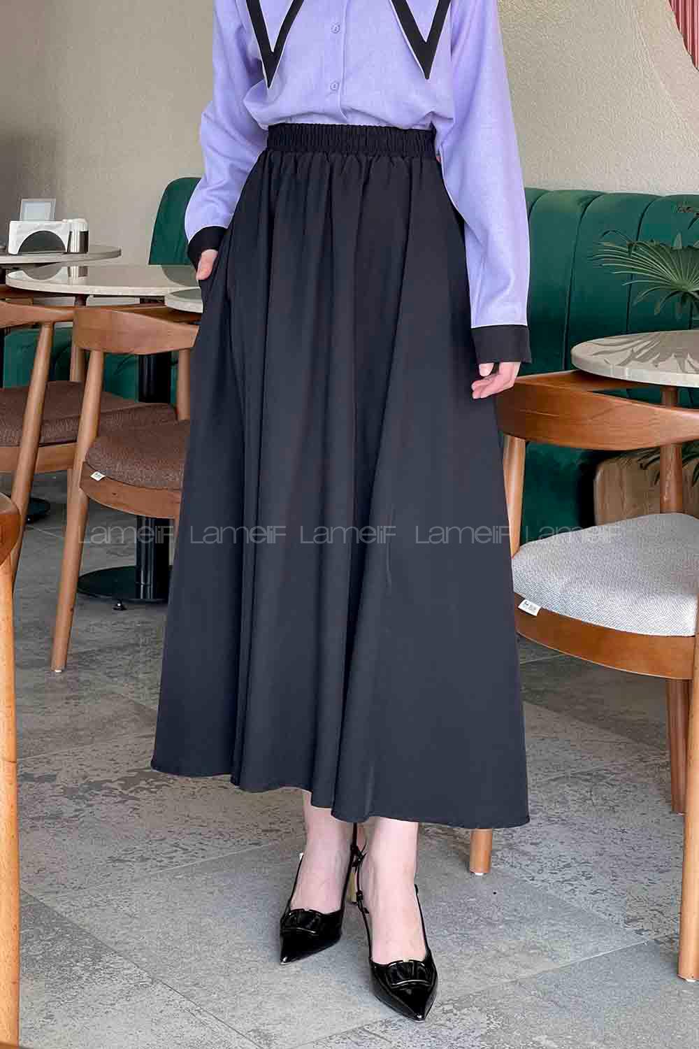 Lamelif Cep Detaylı Tensel Kloş Etek Siyah