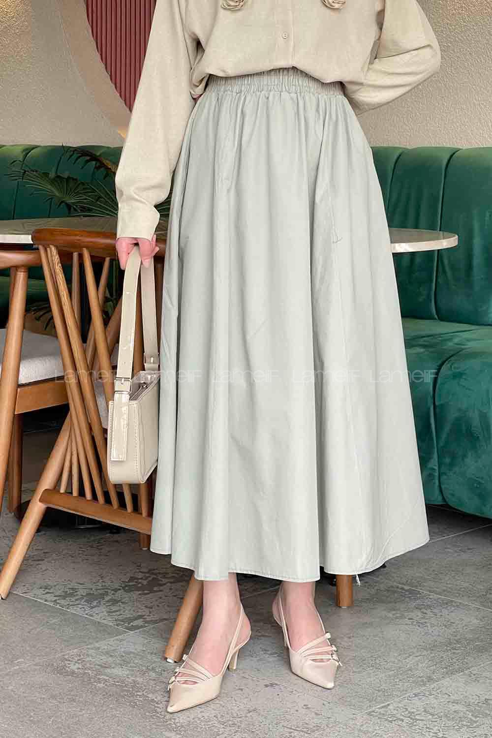 Lamelif Cep Detaylı Kloş Keten Etek Mint Yeşili