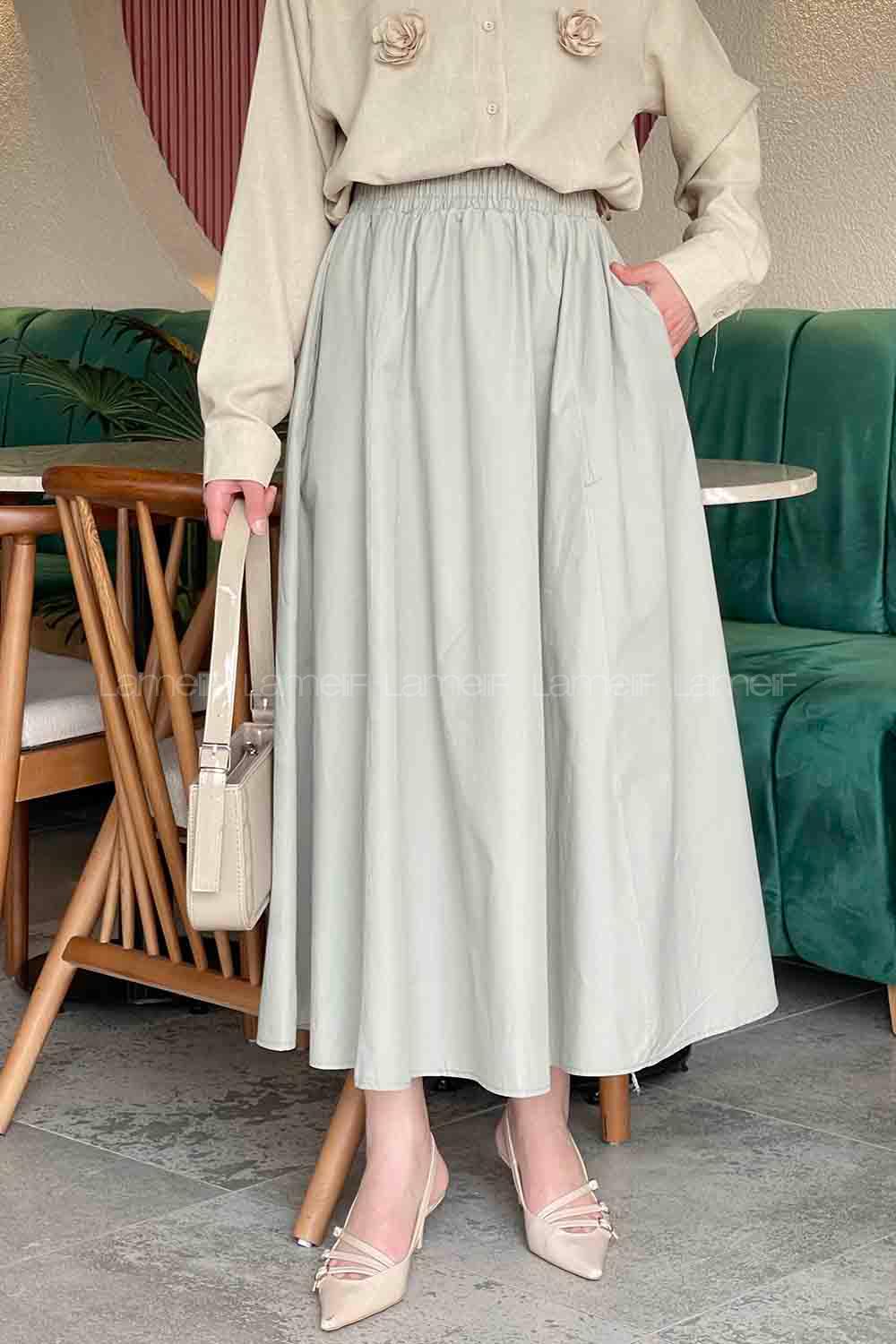 Lamelif Cep Detaylı Kloş Keten Etek Mint Yeşili