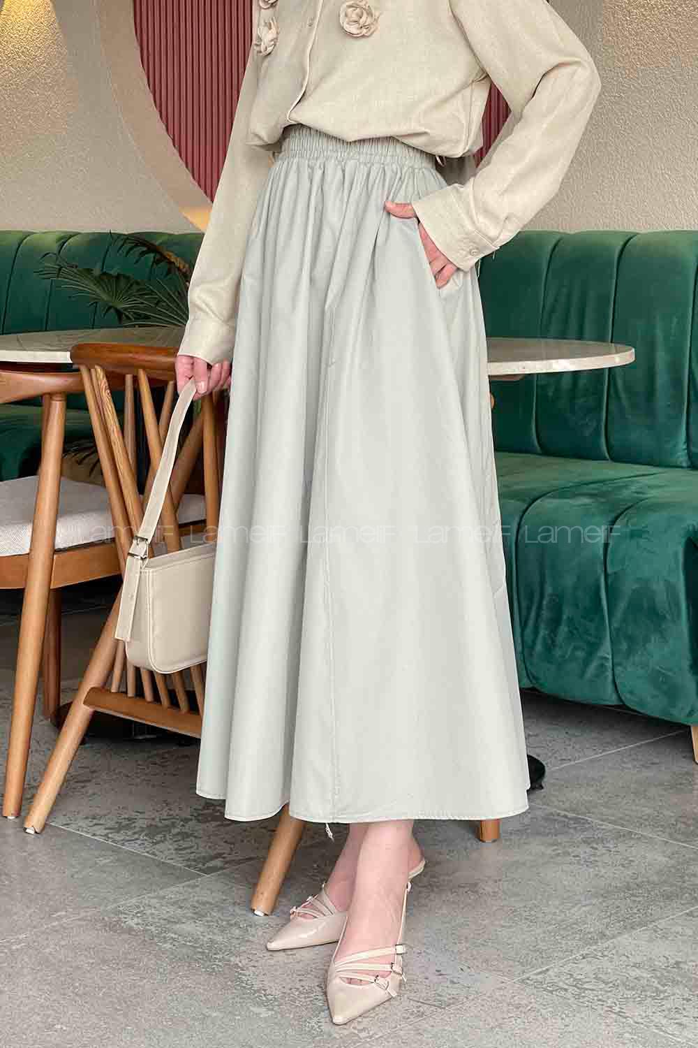 Lamelif Cep Detaylı Kloş Keten Etek Mint Yeşili