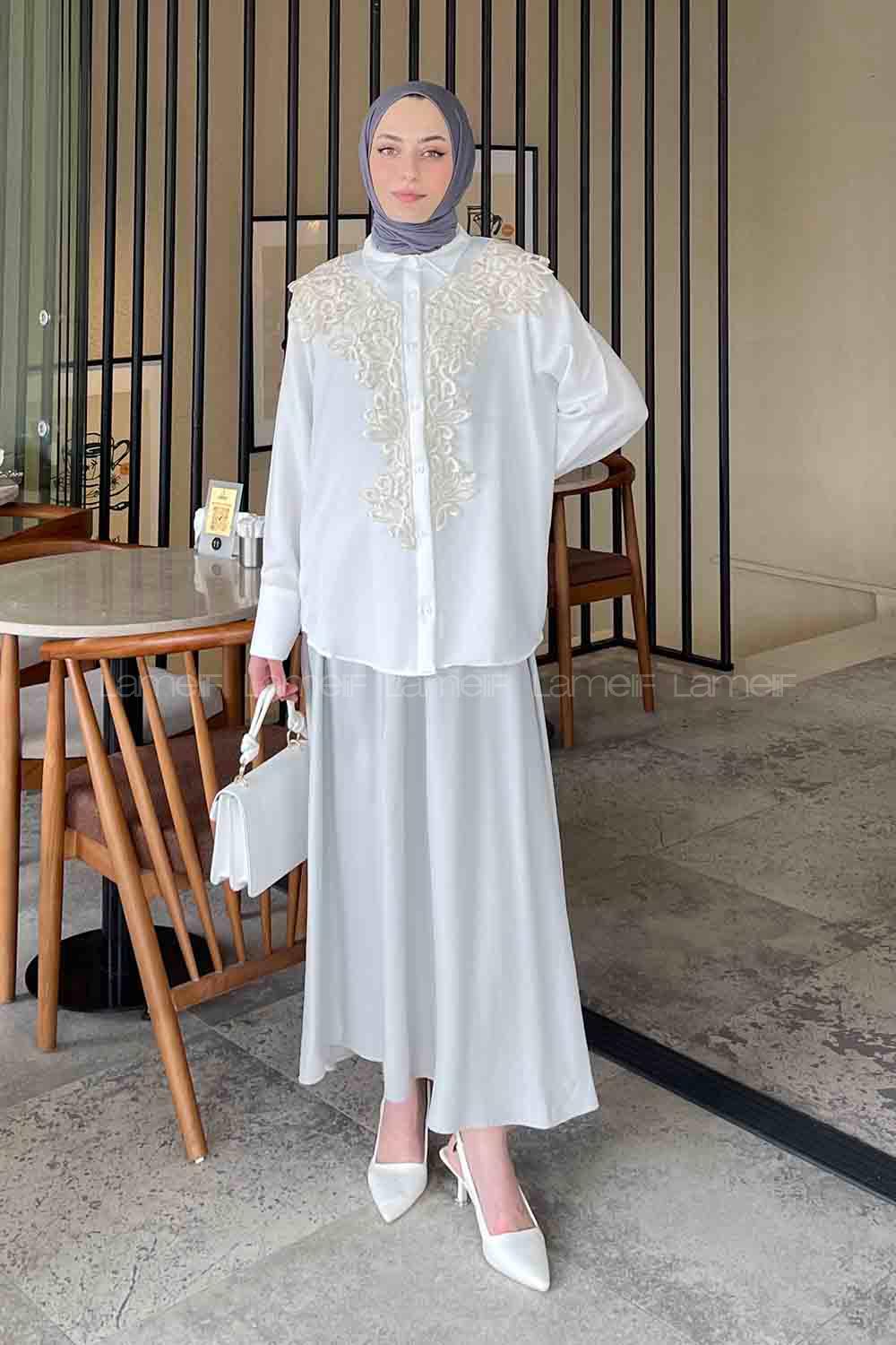 Lamelif Dantel Detaylı Gömlek Beyaz