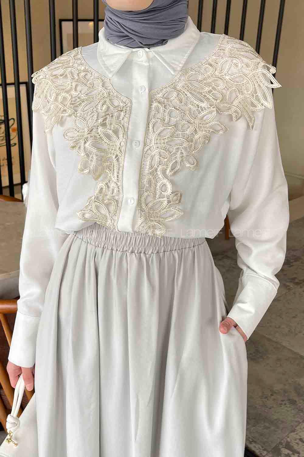 Lamelif Dantel Detaylı Gömlek Beyaz