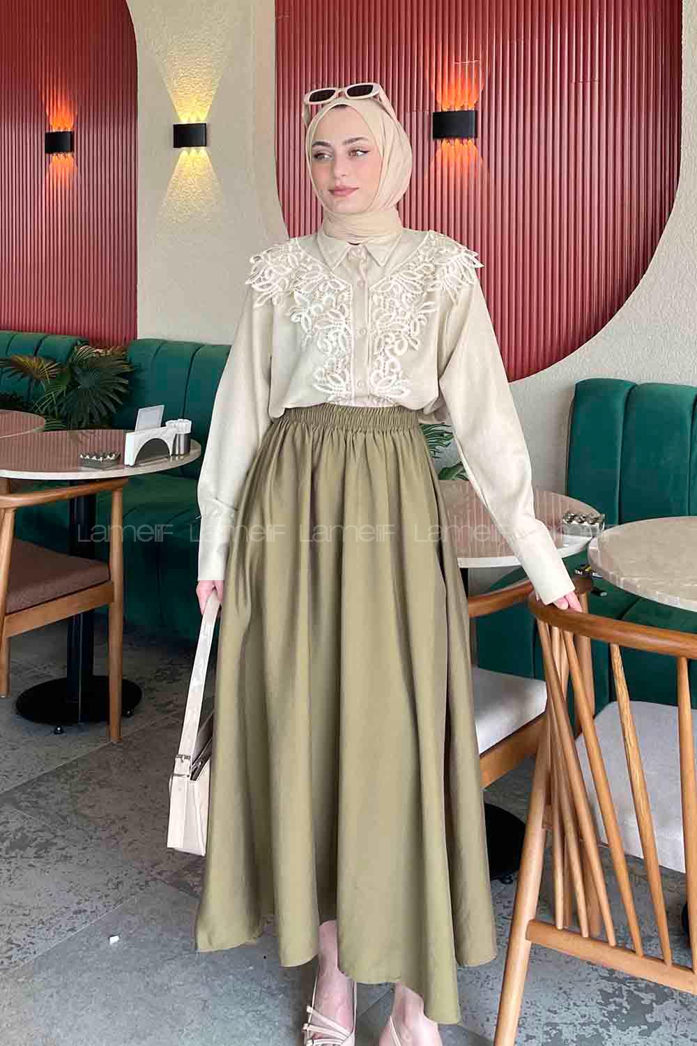 Lamelif Dantel Detaylı Gömlek Taş Rengi