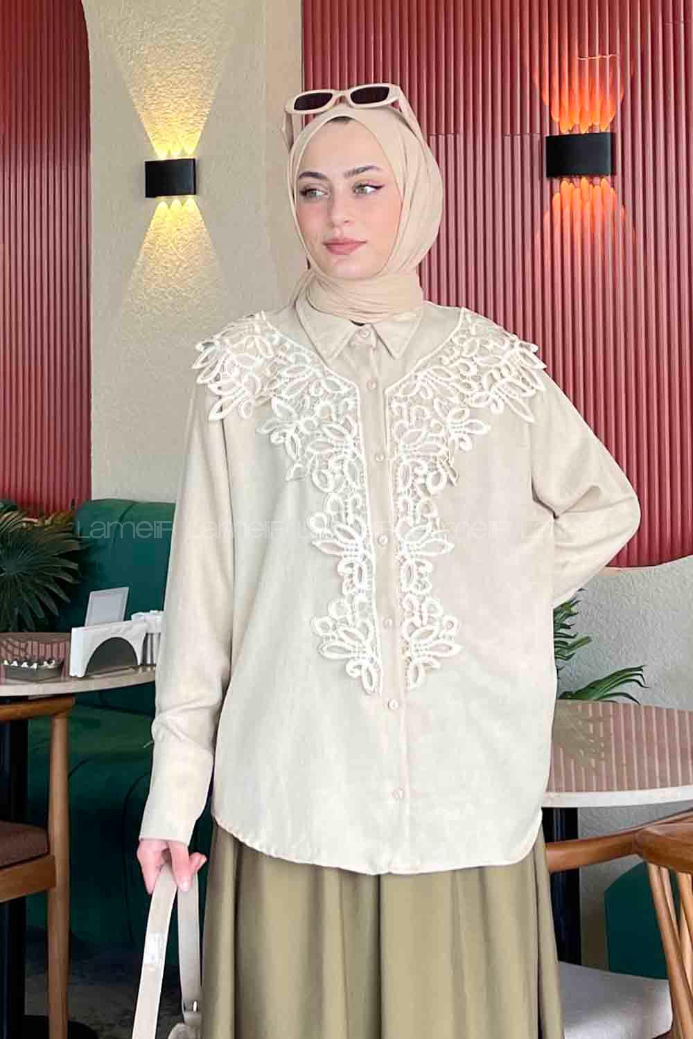 Lamelif Dantel Detaylı Gömlek Taş Rengi