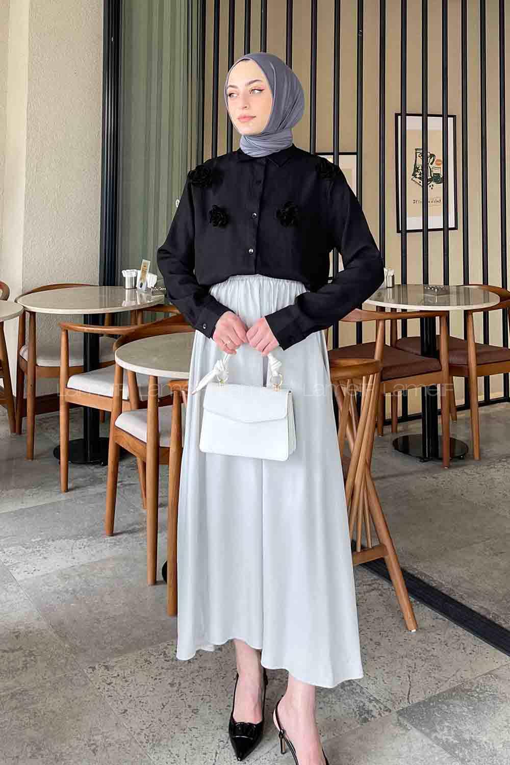 Lamelif Gül Detaylı Keten Gömlek Siyah