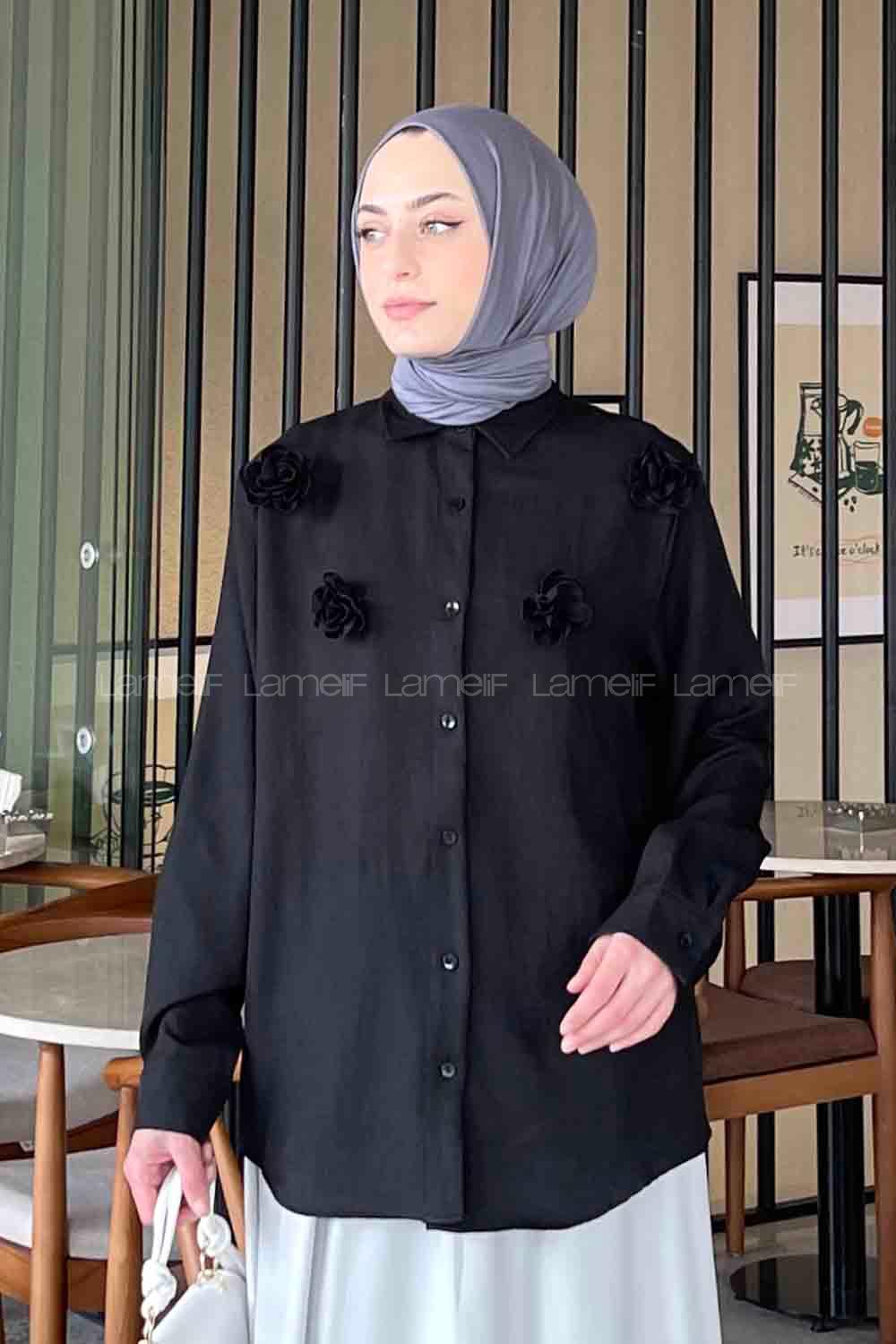 Lamelif Gül Detaylı Keten Gömlek Siyah