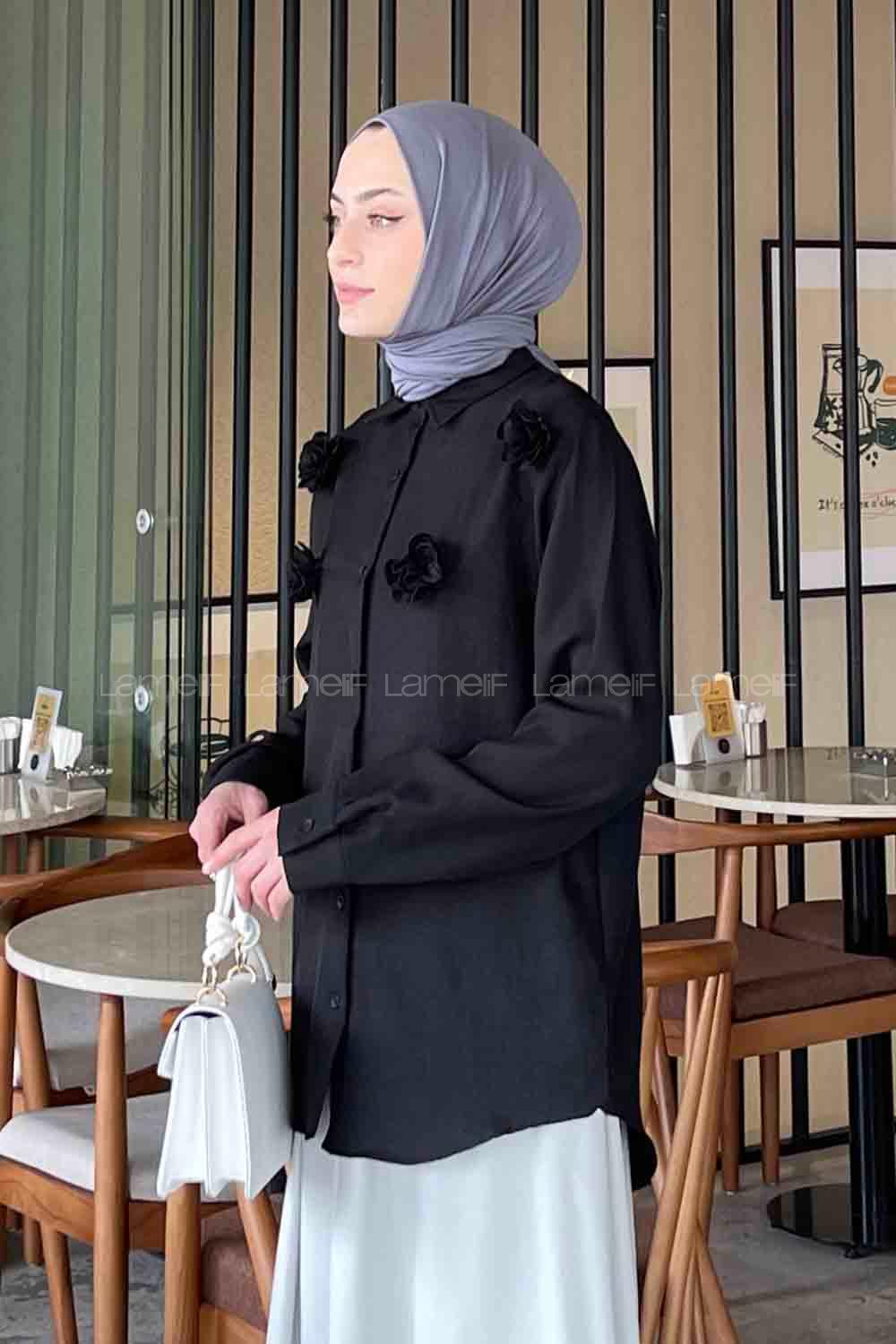 Lamelif Gül Detaylı Keten Gömlek Siyah