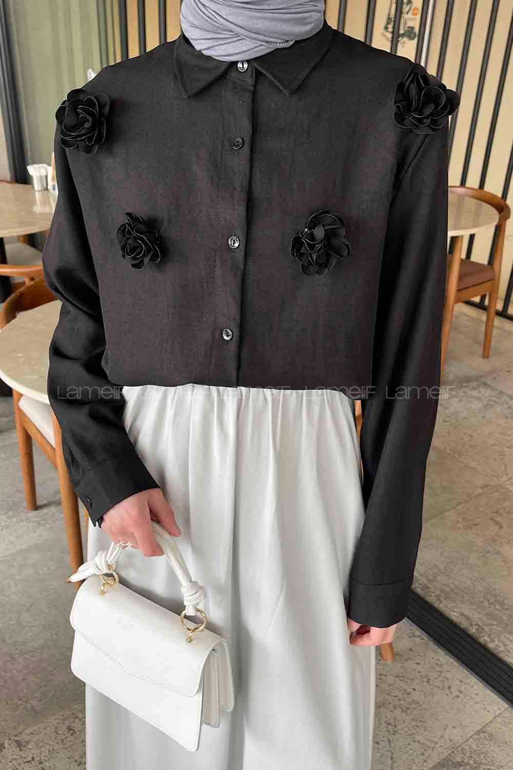 Lamelif Gül Detaylı Keten Gömlek Siyah