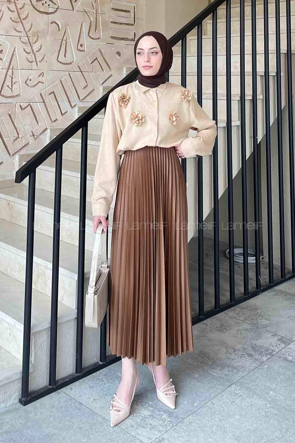 Lamelif Gül Detaylı Keten Gömlek Sütlü Kahve