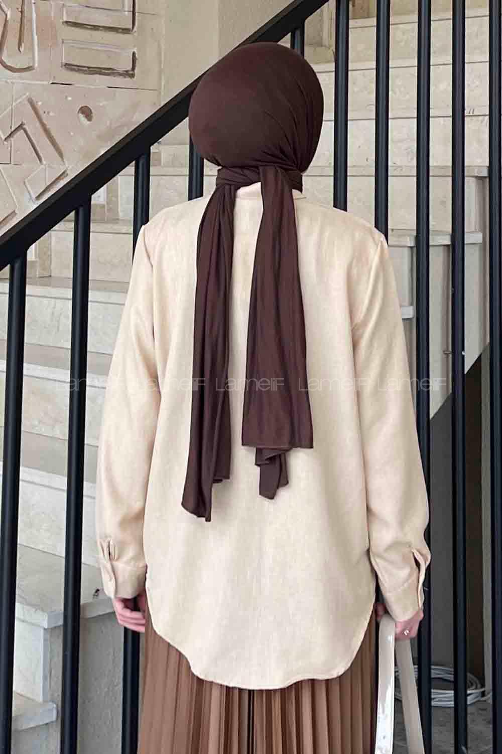 Lamelif Gül Detaylı Keten Gömlek Sütlü Kahve