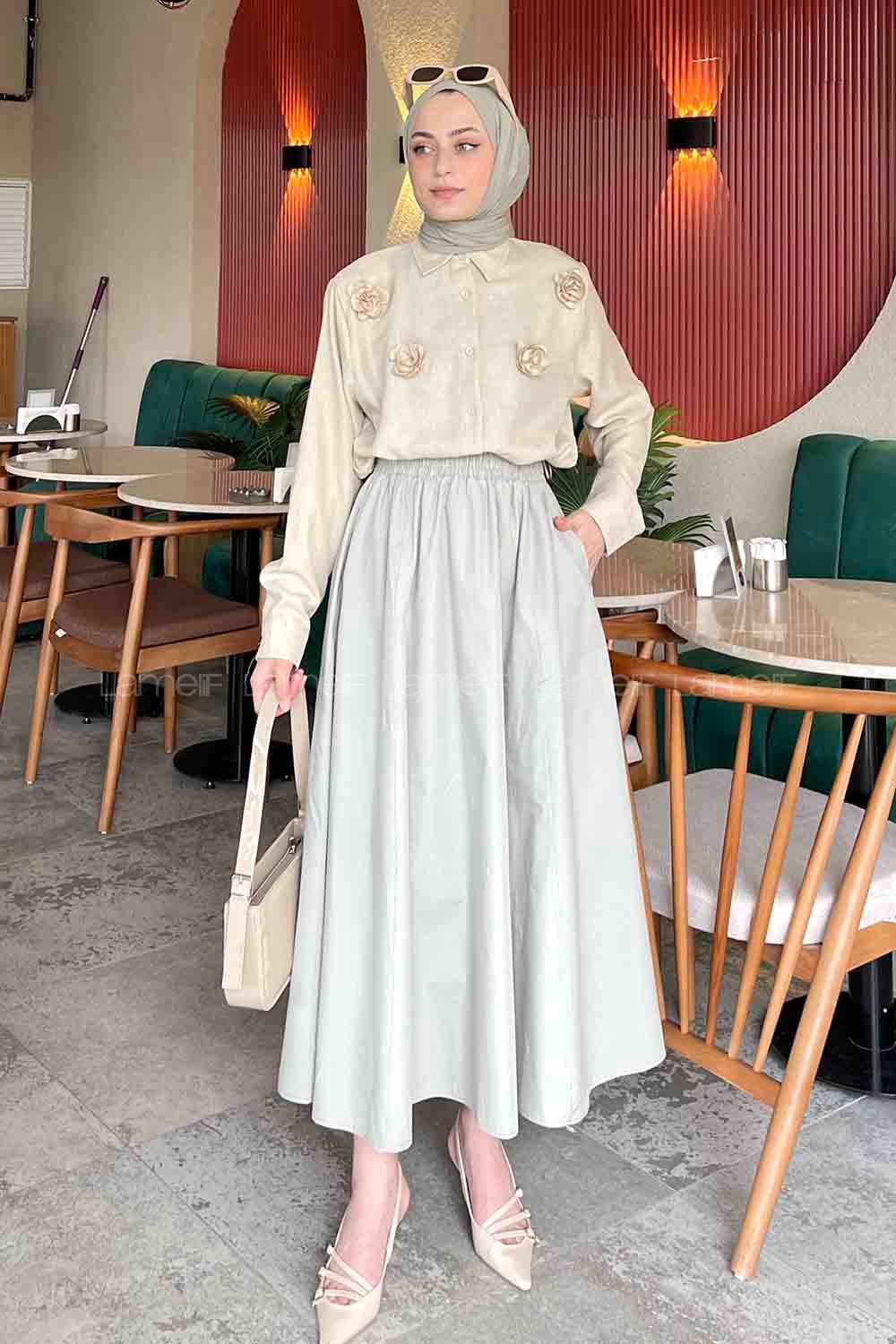 Lamelif Gül Detaylı Keten Gömlek Taş Rengi