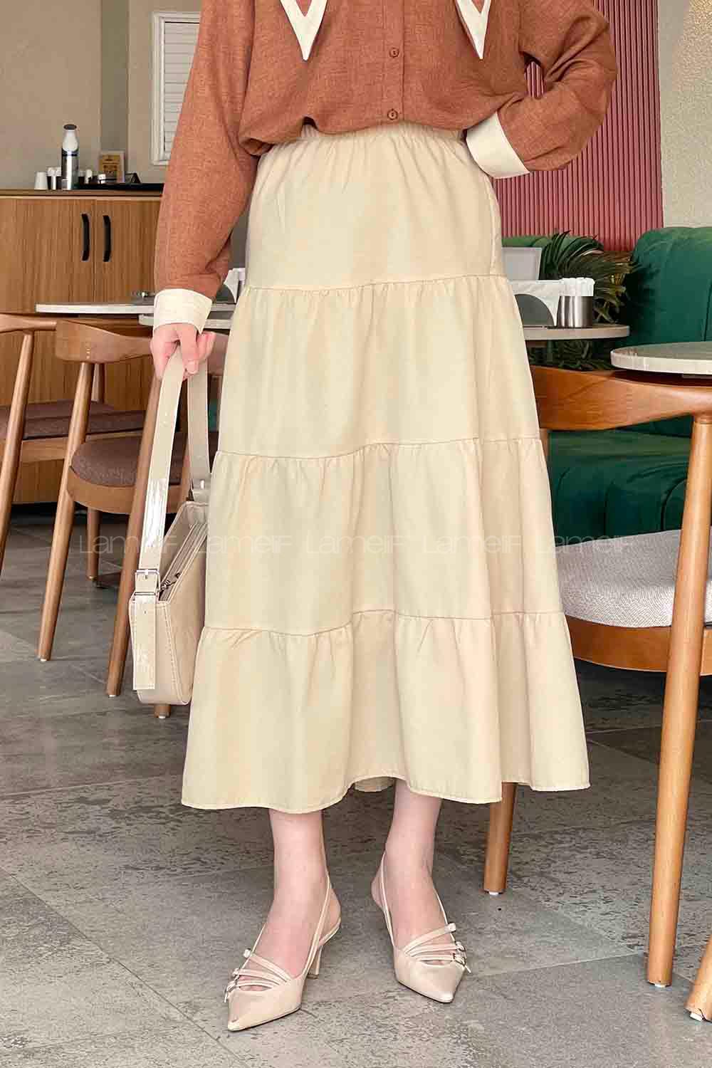 Lamelif Kat Volanlı Etek Krem