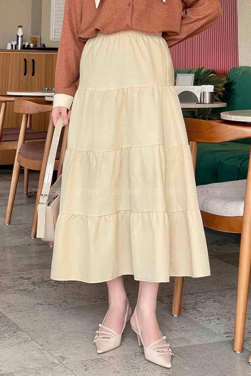 Lamelif Kat Volanlı Etek Krem