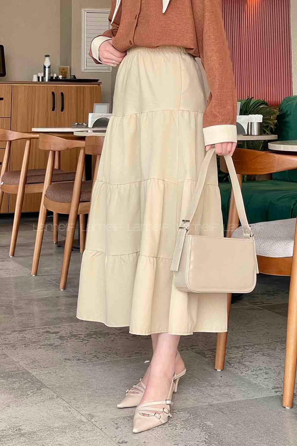 Lamelif Kat Volanlı Etek Krem