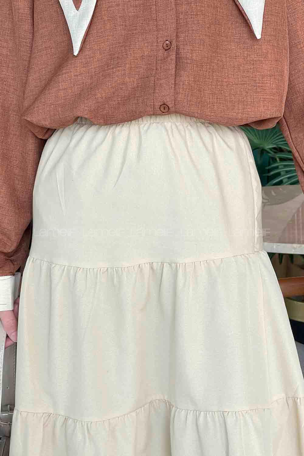 Lamelif Kat Volanlı Etek Krem