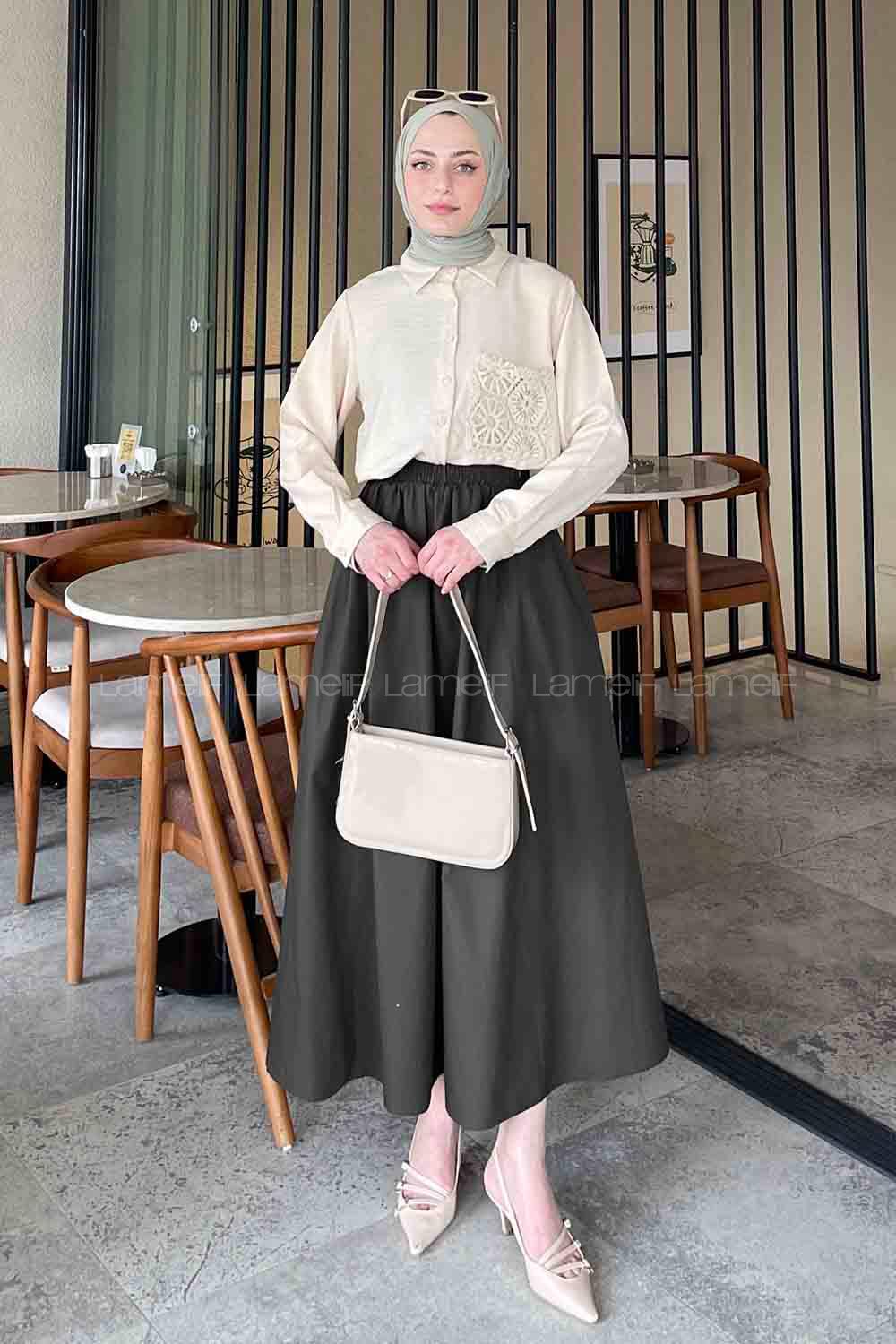 Cream Shirt Collar Long Arm Viscose Fabric Unprinted Shirt