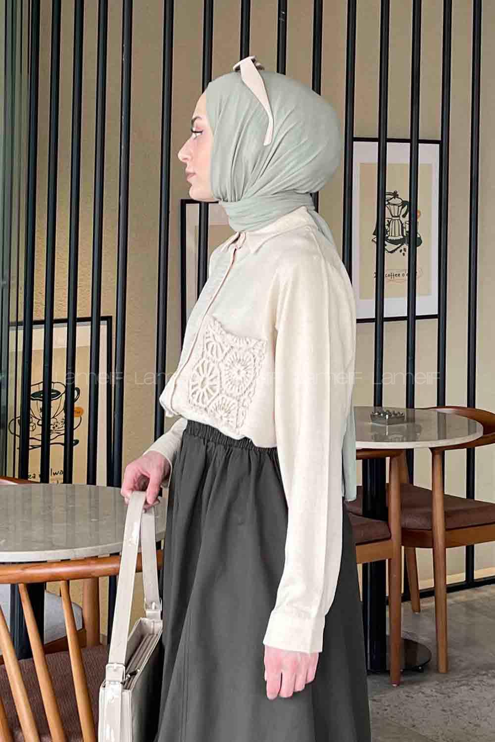 Cream Shirt Collar Long Arm Viscose Fabric Unprinted Shirt