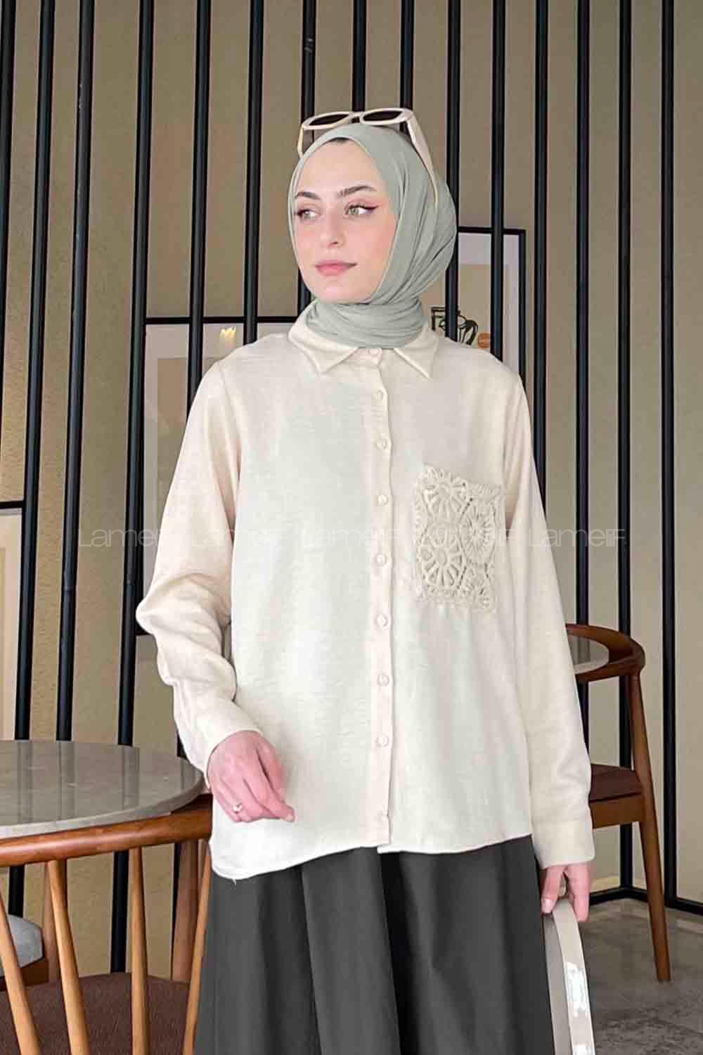 Cream Shirt Collar Long Arm Viscose Fabric Unprinted Shirt