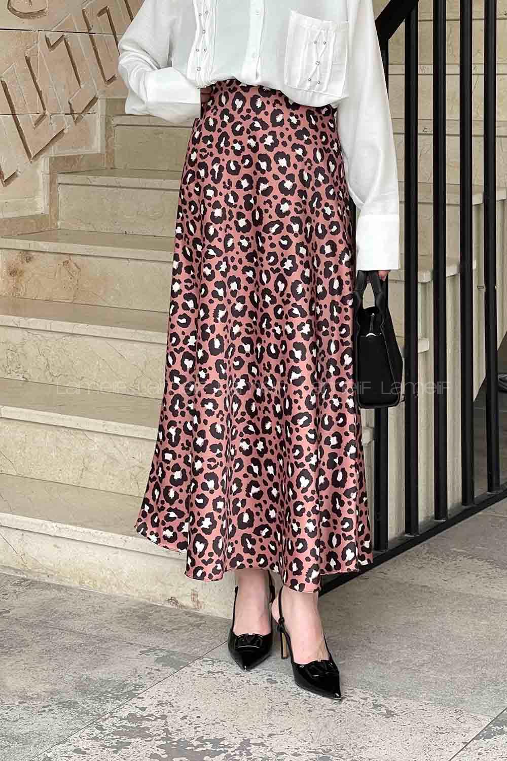 Lamelif Saten Pamuklu Leopar Etek Gül Rengi