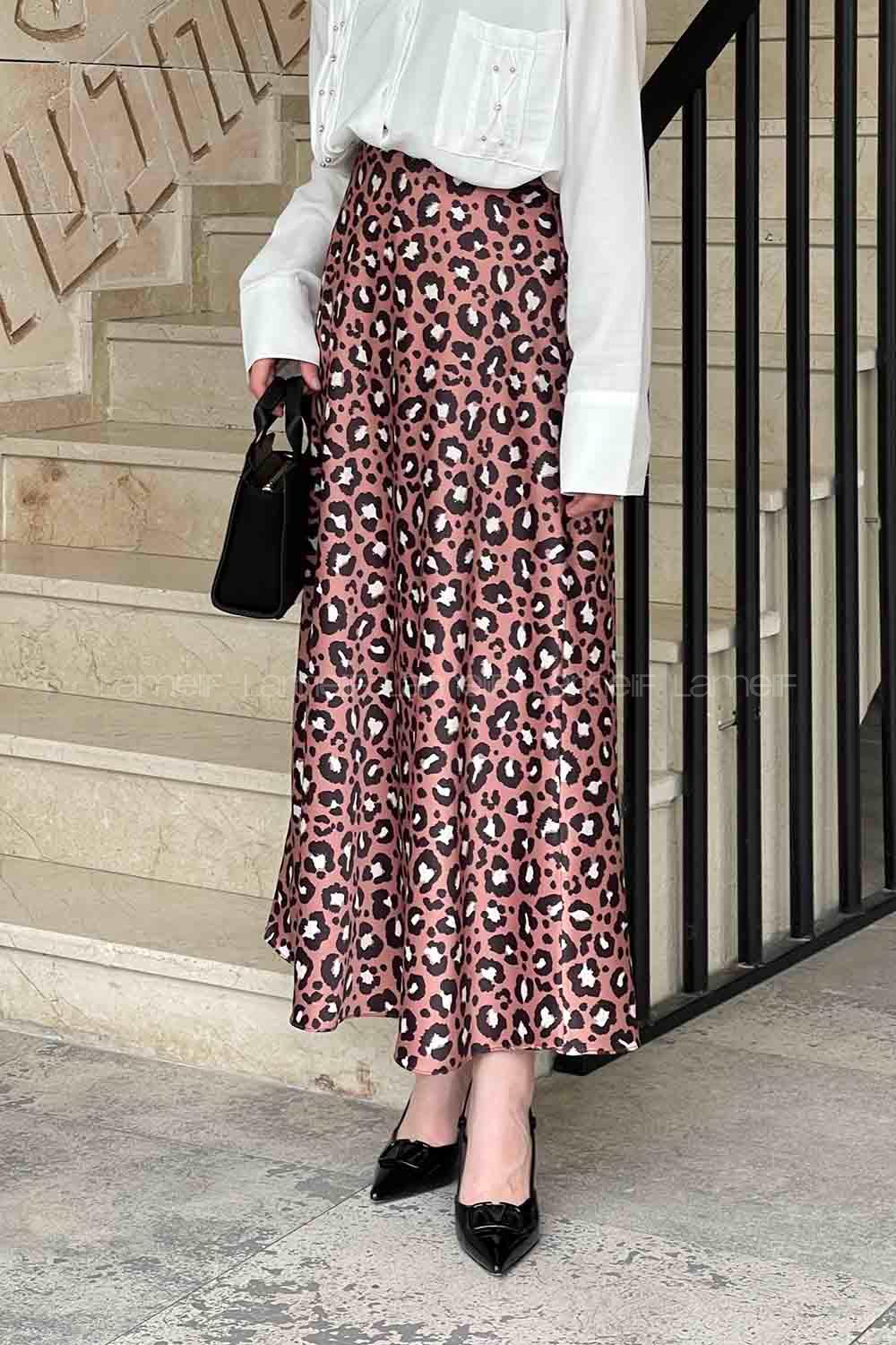 Lamelif Saten Pamuklu Leopar Etek Gül Rengi