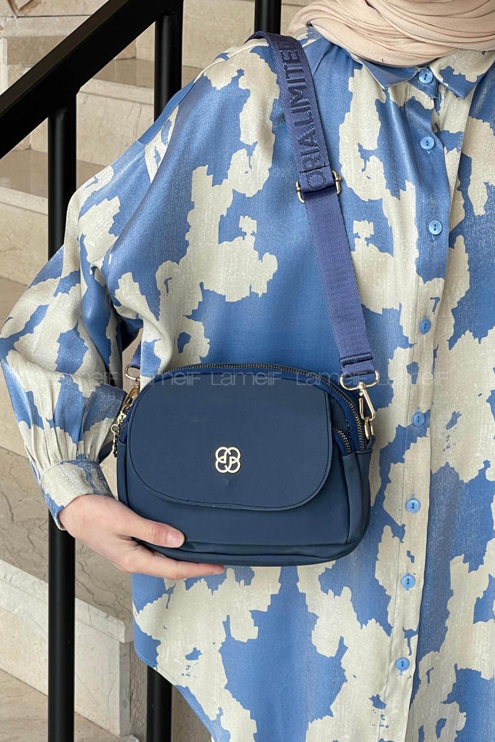 Lamelif Üç Bölmeli Buzzy Kumaş Kadın Omuz Çantası Lacivert