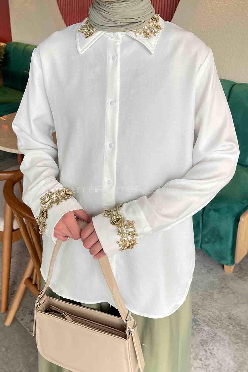 Lameliif Yaka ve Kol Gold Güpür Detaylı Gömlek Beyaz