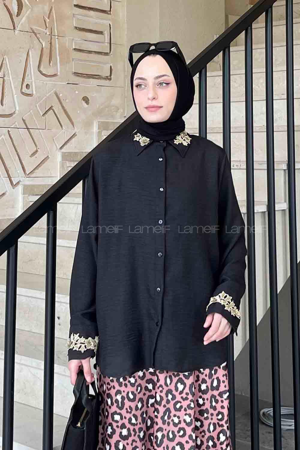 Lameliif Yaka ve Kol Gold Güpür Detaylı Gömlek Siyah
