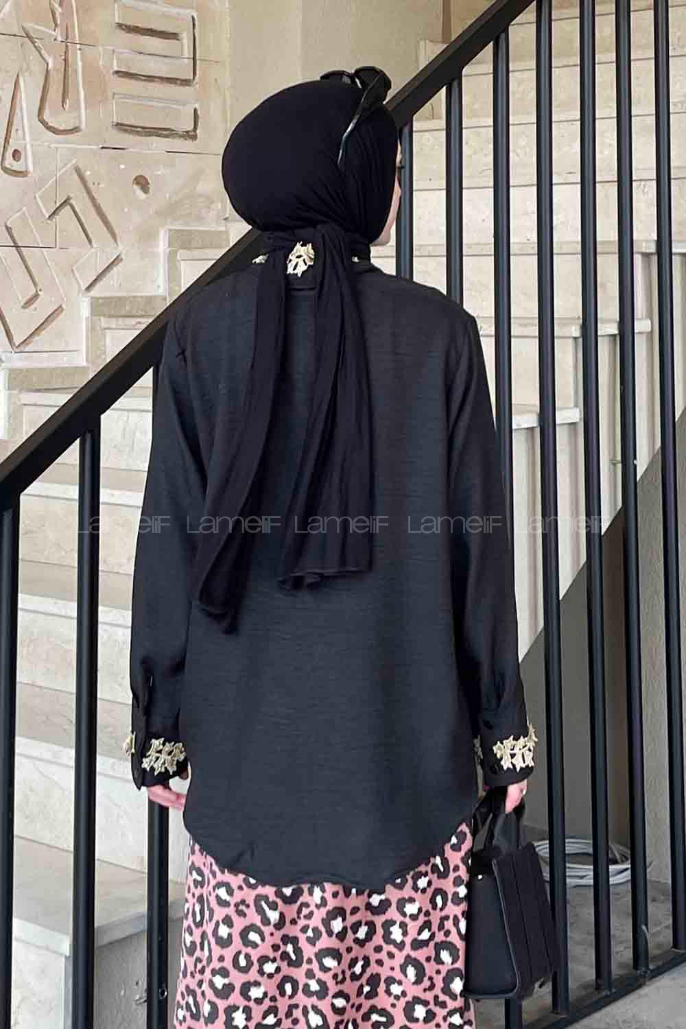 Lameliif Yaka ve Kol Gold Güpür Detaylı Gömlek Siyah