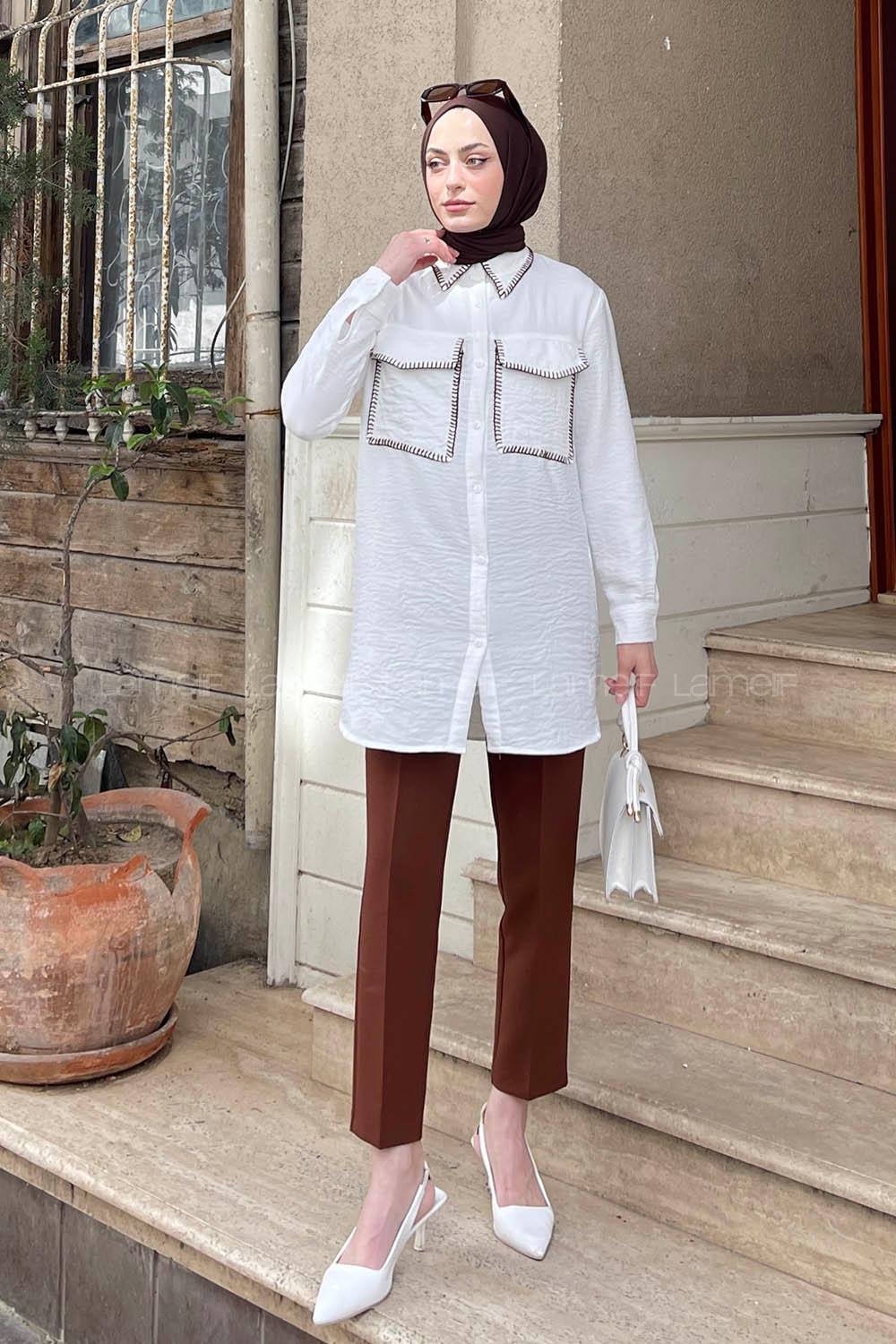 Lamelif Çoban Dikişli Keten Gömlek Beyaz