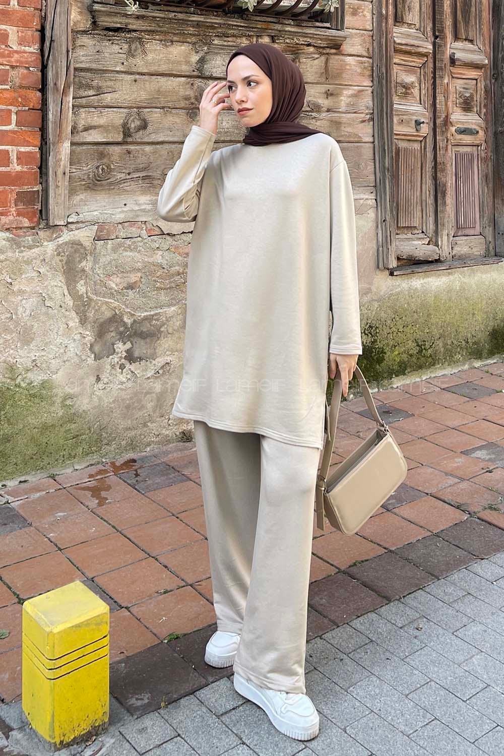 Beige Crew Neck Long Arm Without Accessories Combed Fabric Regular Trousers Comfortable Suit
