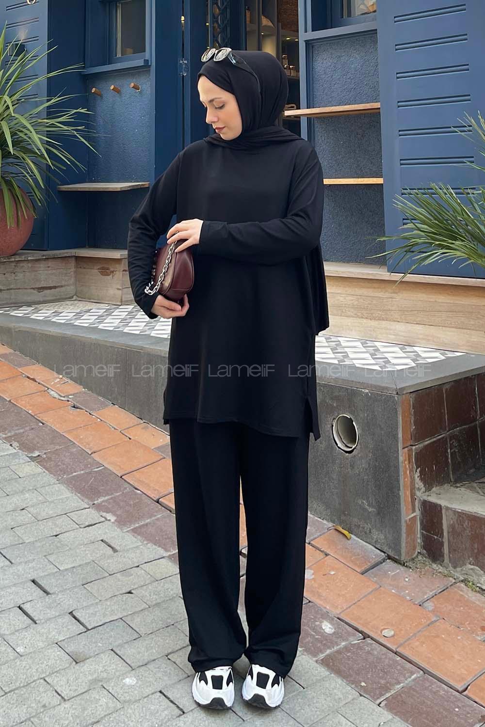 Black Crew Neck Long Arm Without Accessories Combed Fabric Regular Trousers Comfortable Suit