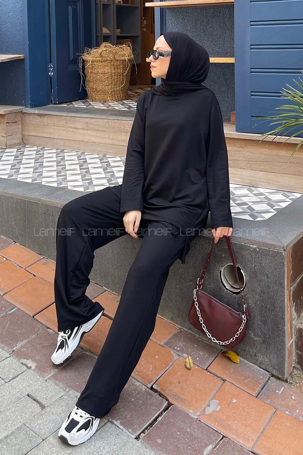 Black Crew Neck Long Arm Without Accessories Combed Fabric Regular Trousers Comfortable Suit