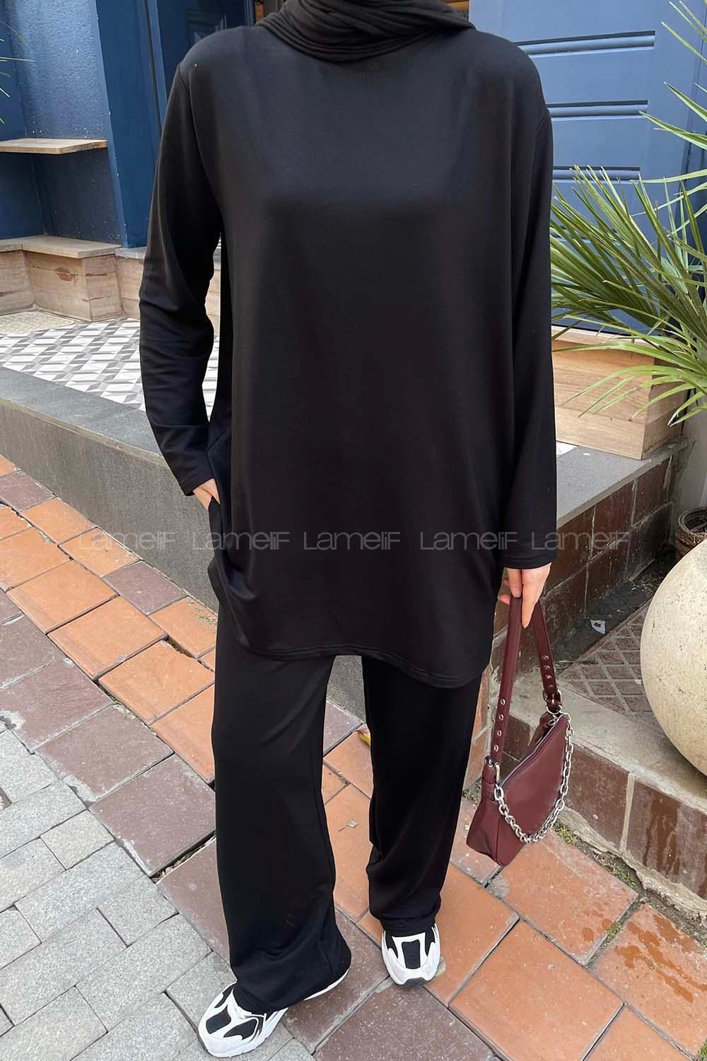 Black Crew Neck Long Arm Without Accessories Combed Fabric Regular Trousers Comfortable Suit