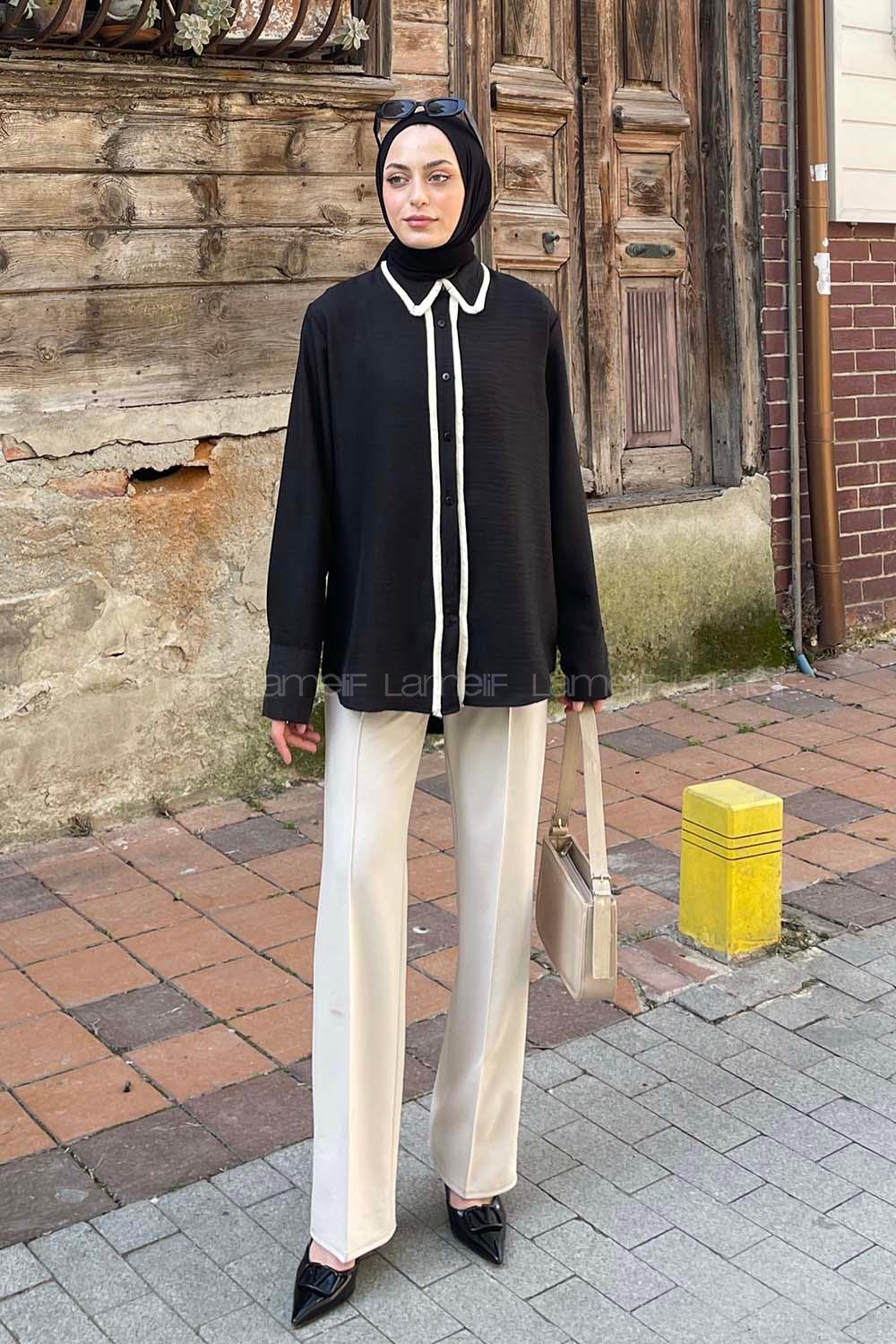 Lamelif Saçaklı Keten Gömlek Siyah