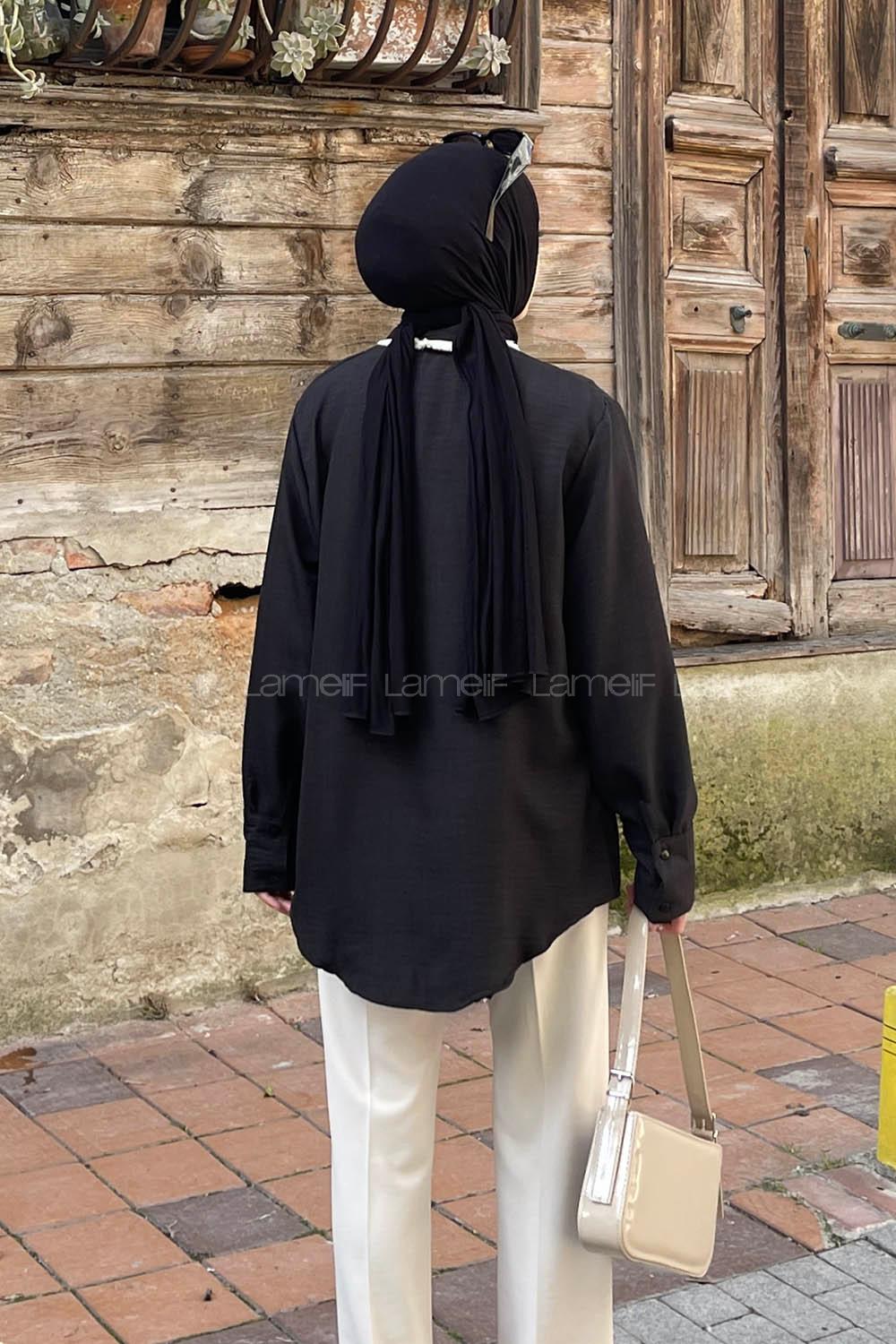 Lamelif Saçaklı Keten Gömlek Siyah