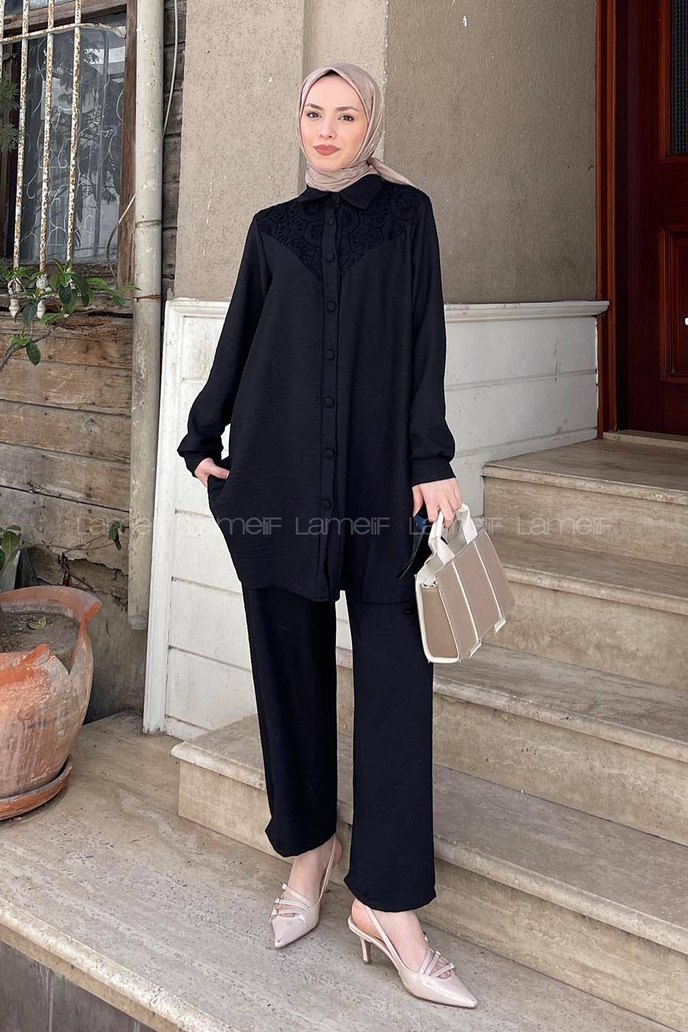 Black Shirt Collar Long Arm Linen Regular Trousers Linen Suit