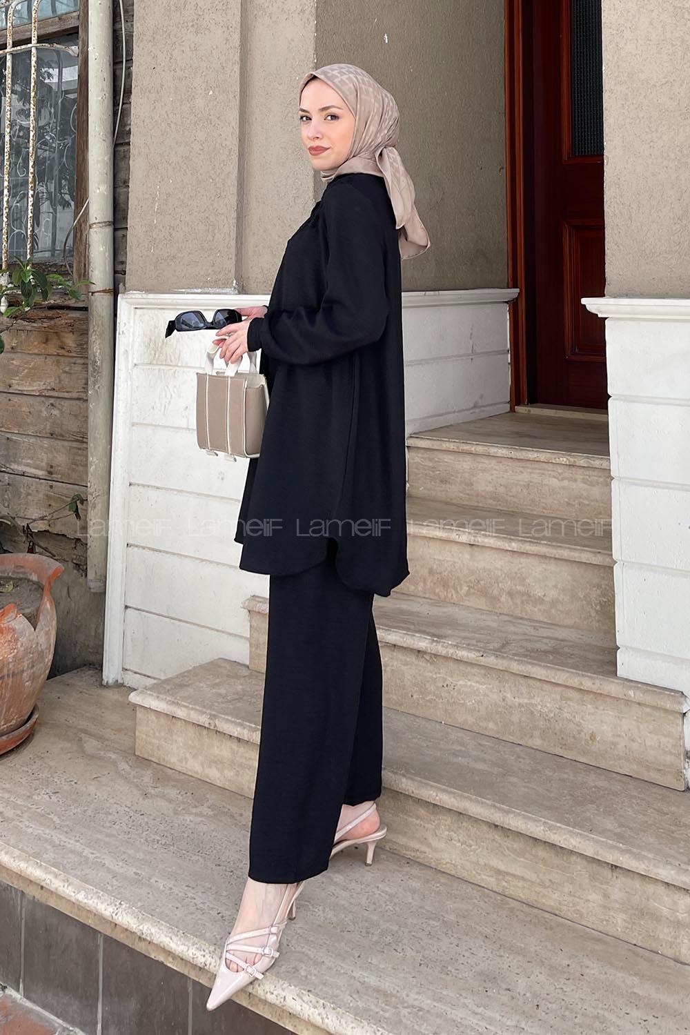 Black Shirt Collar Long Arm Linen Regular Trousers Linen Suit