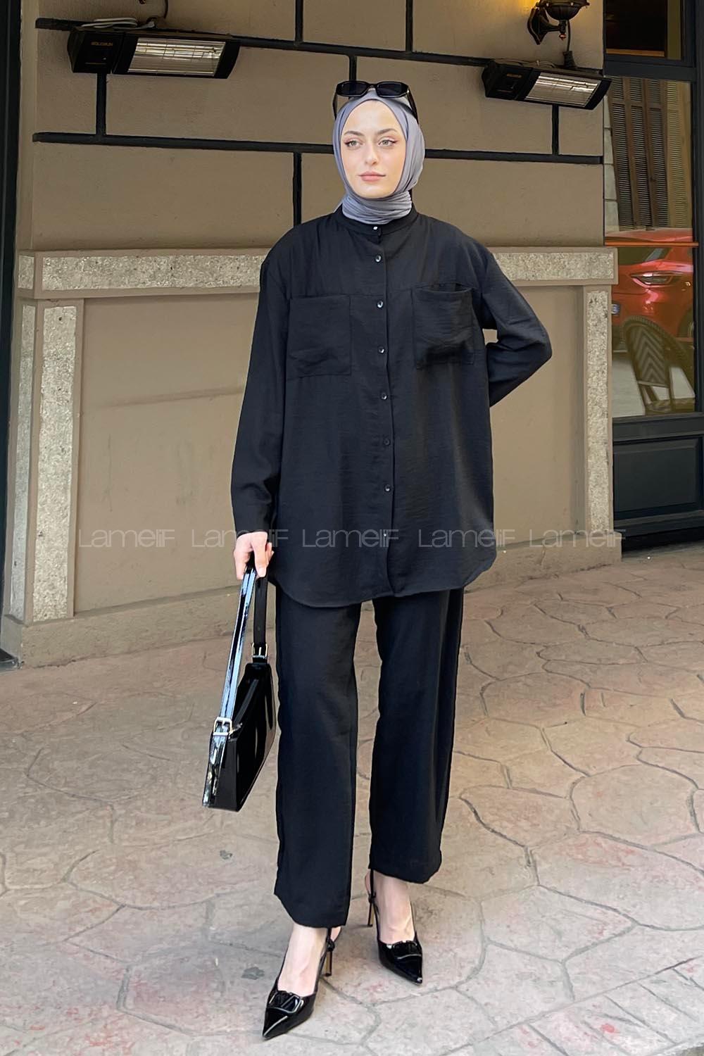 Black Shirt Collar Long Arm Without Accessories Linen Trousers Linen Suit