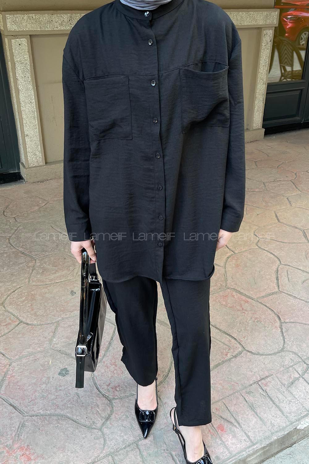 Black Shirt Collar Long Arm Without Accessories Linen Trousers Linen Suit