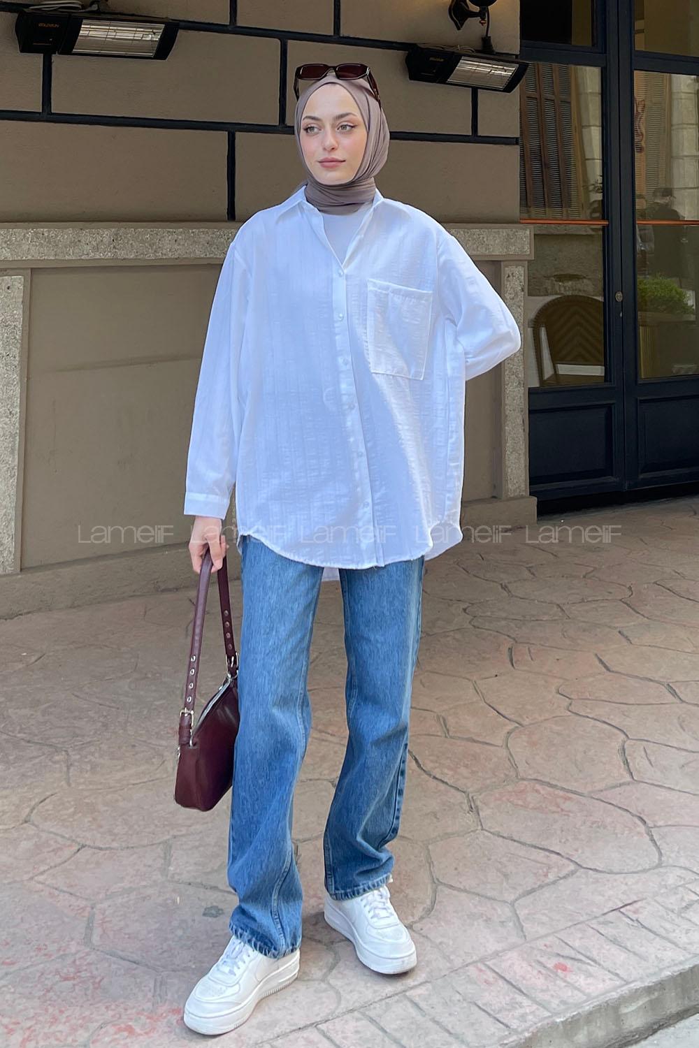 Lamelif Tek Cep Detaylı Çizgi Geçişli Gömlek Beyaz