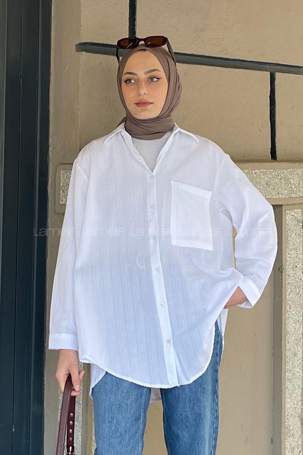 Lamelif Tek Cep Detaylı Çizgi Geçişli Gömlek Beyaz