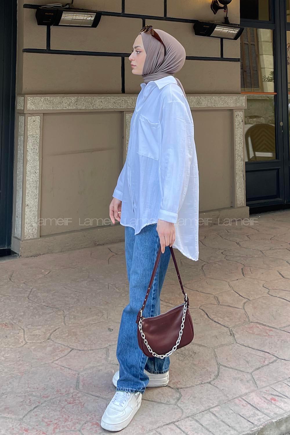 Lamelif Tek Cep Detaylı Çizgi Geçişli Gömlek Beyaz