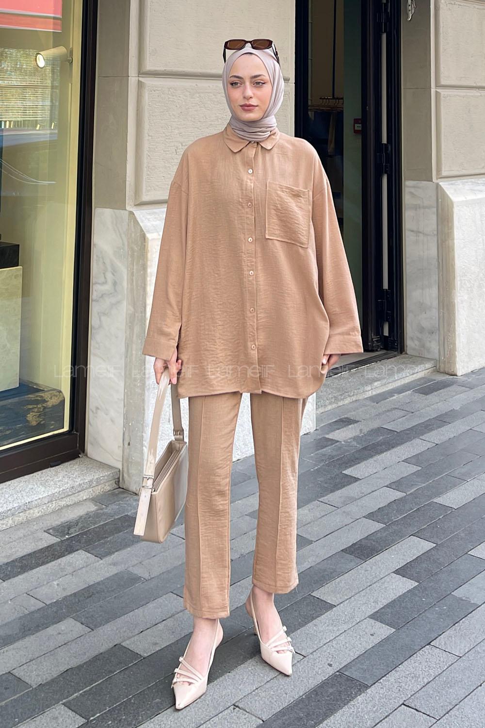 Lamelif Tek Cep Detaylı İkili Keten Tesettür Takım Sütlü Kahve