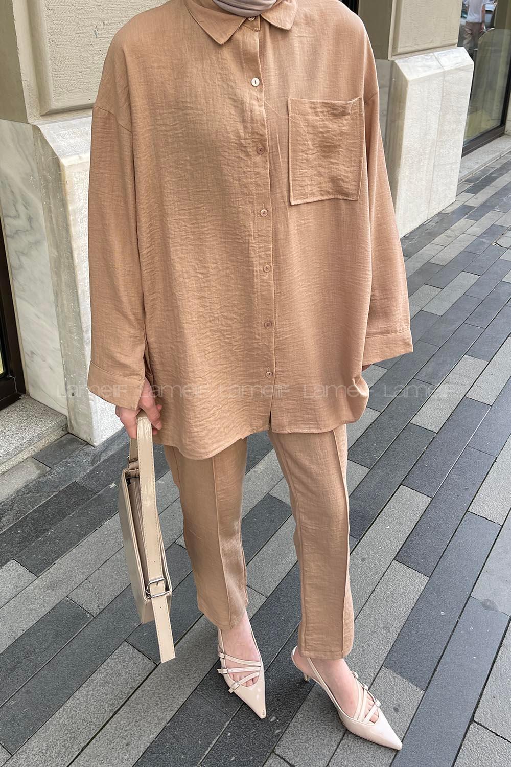 Lamelif Tek Cep Detaylı İkili Keten Tesettür Takım Sütlü Kahve