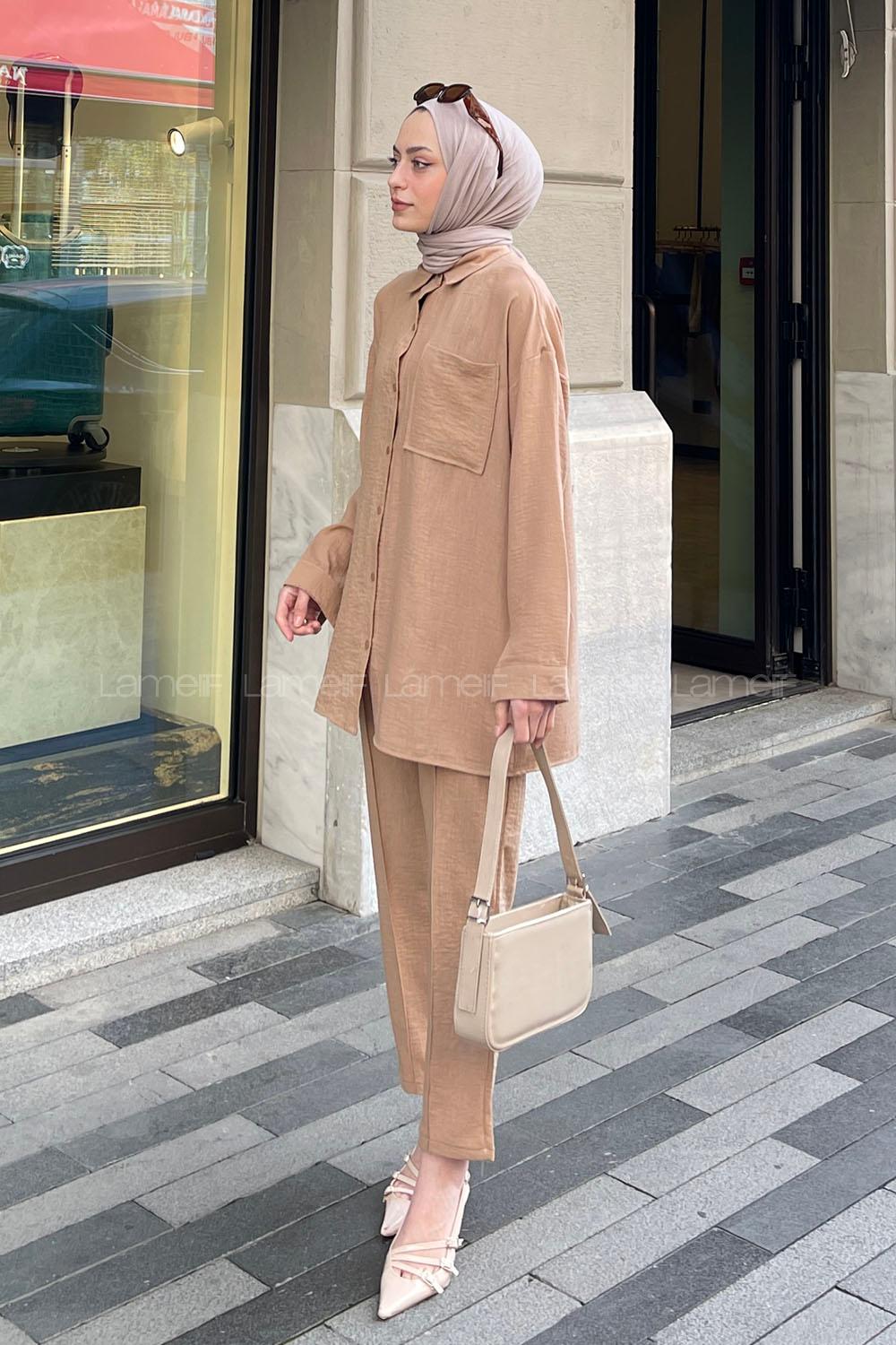 Lamelif Tek Cep Detaylı İkili Keten Tesettür Takım Sütlü Kahve