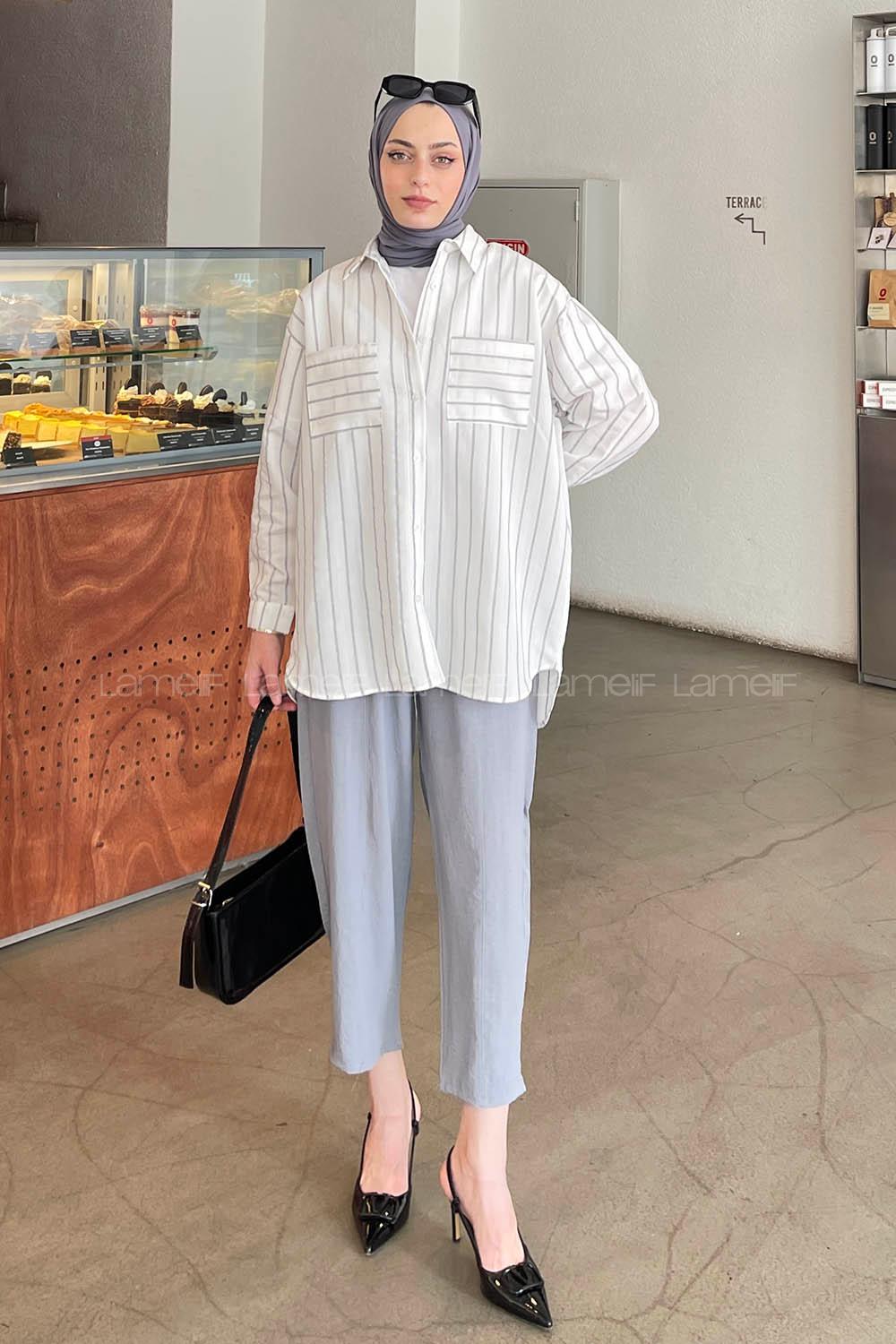 Lamelif Çizgi Desenli Cepli Gömlek Gri