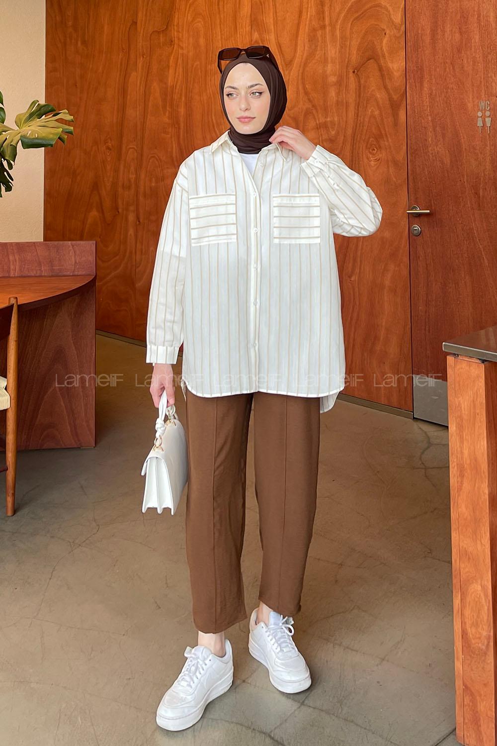 Lamelif Çizgi Desenli Cepli Gömlek Sütlü Kahve