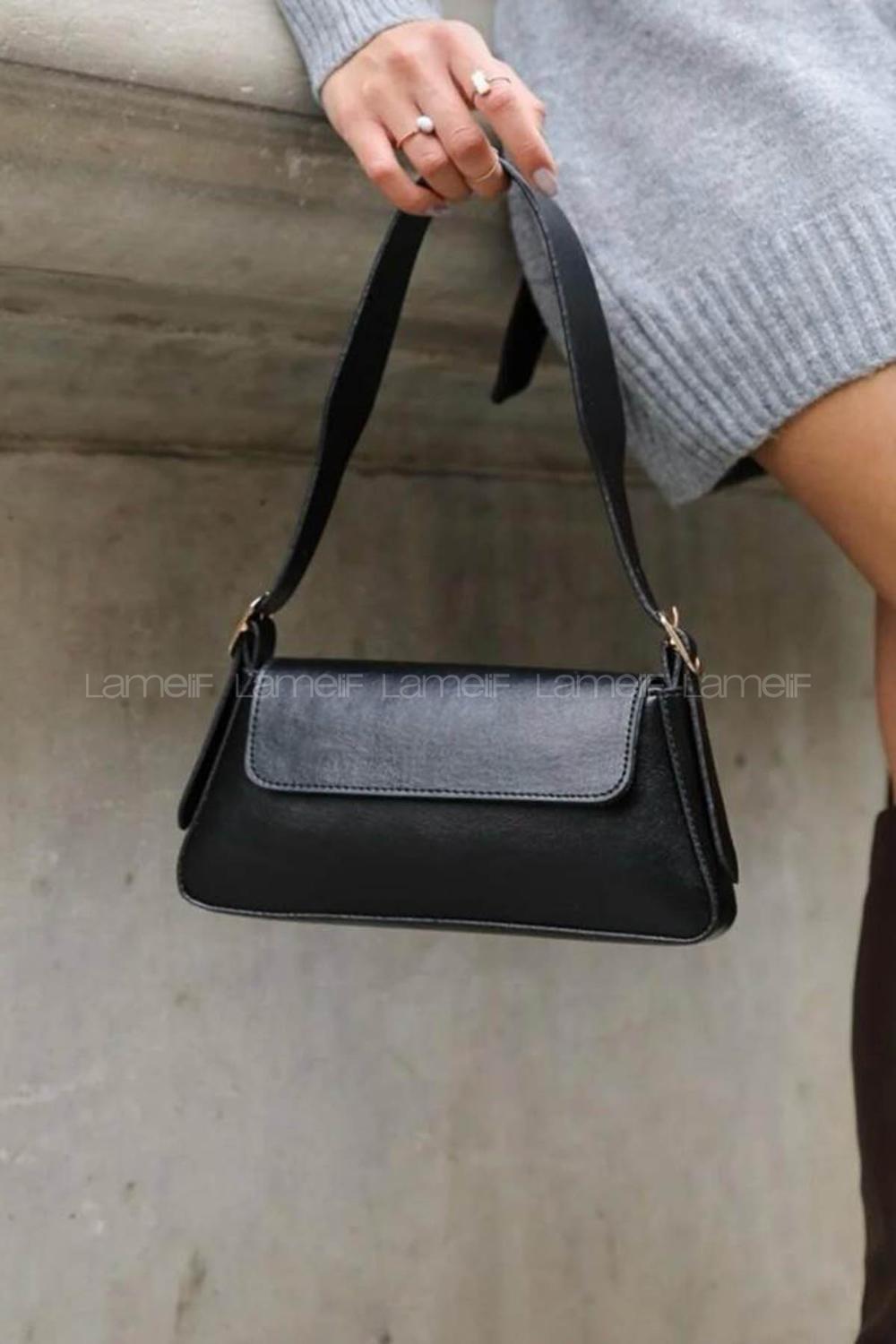 Lamelif Deri Görünümlü Omuz Çantası Kadın Siyah